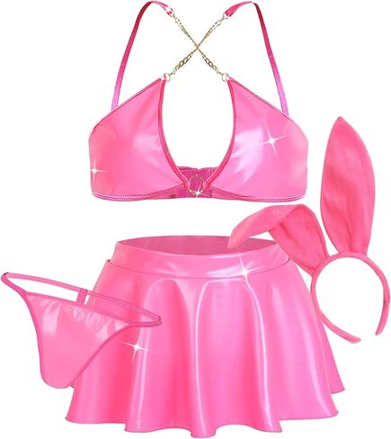 SEAUR Women Rave Cosplay Costume Bunny PU Leather Lingerie Sets 4Pcs Chain Bra Top Mini Skirt G-String with Ears Headband in Saudi Arabia