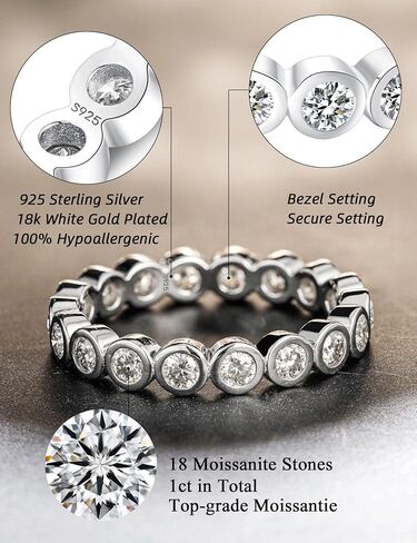 IMOLOVE Moissanite Wedding Bands for Women, Trendy 1 Carat Stackable Eternity Bezel Set Band Rings Everyday Fashion Silver Moissanite Rings for Women with 18K White Gold Plated Size 5-10 in Kuwait
