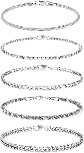 FUNRUN JEWELRY 5 قطع أساور من الفولاذ المقاوم للصدأ للرجال والنساء الذهب والفضة الكوبية وصلة حبل فيجارو سلسلة سوار مجموعة للرجال 7.5/8/8.5 بوصة in Kuwait