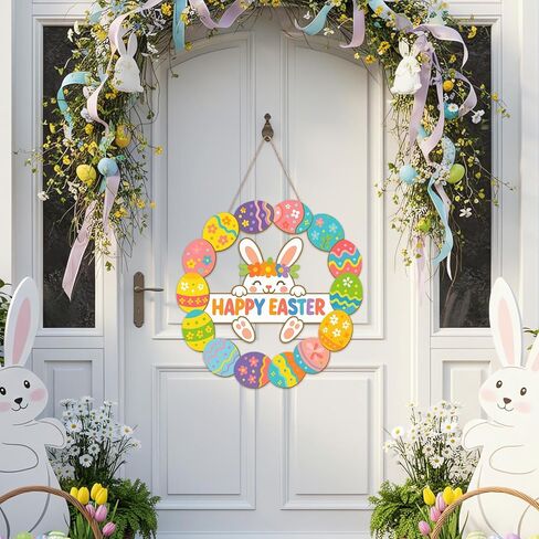 Amyhill Easter Wreaths for Front Door Outdoor 3D Wooden Happy Bunny Easter Eggs Flowers Hanging Decorations Spring Farmhouse Porch Wall Sign for Porch Wall Room Pink Green Spring Decor(Flower) in Saudi Arabia
