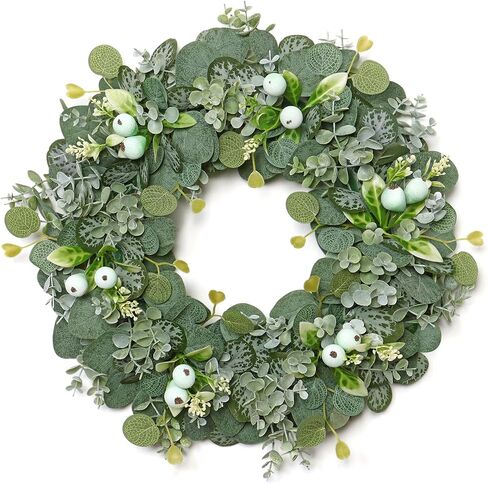 KHOYIME 18 '' إكليل الأوكالبتوس الاصطناعي للباب الأمامي، إكليل الخضرة للربيع والصيف مع التوت داخلي وخارجي ديكور المنزل مزرعة الشرفة جدار نافذة الزفاف جميع المواسم شنقا الديكور in Kuwait