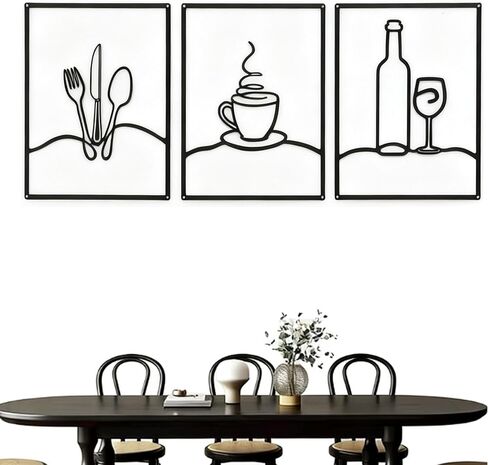 Masney 3 PCS Metal Minimalist Line Kitchen Signs Wall Art - Rustic Kitchen Wall Decor Black for Kitchen Dining Living Room Home, 14 x 11 Inches - Housewarming Gifts in Kuwait