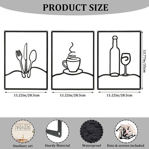 Masney 3 PCS Metal Minimalist Line Kitchen Signs Wall Art - Rustic Kitchen Wall Decor Black for Kitchen Dining Living Room Home, 14 x 11 Inches - Housewarming Gifts in Kuwait