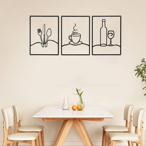 Masney 3 PCS Metal Minimalist Line Kitchen Signs Wall Art - Rustic Kitchen Wall Decor Black for Kitchen Dining Living Room Home, 14 x 11 Inches - Housewarming Gifts in Kuwait