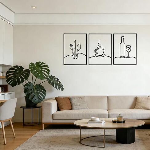 Masney 3 PCS Metal Minimalist Line Kitchen Signs Wall Art - Rustic Kitchen Wall Decor Black for Kitchen Dining Living Room Home, 14 x 11 Inches - Housewarming Gifts in Kuwait