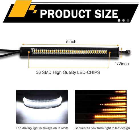 قطعتان من أضواء إشارة الانعطاف LED للدراجات النارية، إشارات الانعطاف LED المرنة، شوكة بيضاء وكهرمان قابلة للتعديل ثنائية اللون تتحول إلى وميض الإشارة، شريط شرائط ضوء النهار DRL للجري، للدراجات النارية in Kuwait