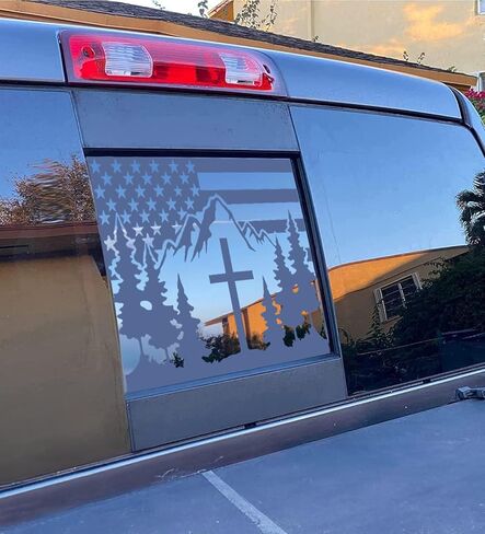 لـ 2009-2024 2025 2026 دودج رام كروس غابة الجبال الأمريكية العلم الأمريكي للنافذة الخلفية، ملصق نافذة منزلق خلفي من الفينيل الأسود غير اللامع، ملحقات خارجية دودج رام الوطنية in Kuwait