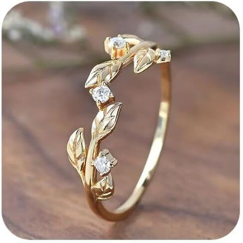 18K Gold Floral Vine Ring – Delicate Twig-Inspired Band with Cubic Zirconia, Dainty Stackable Finger Ring for Women, Minimalist Nature-Inspired Jewelry Sze 6 in Kuwait