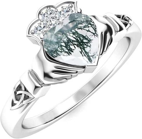 Natural Moss Agate Ring Set for Women 925 Sterling Silver Claddagh Rings Irish Celtic Knot Claddagh Ring with Moissanite, Wedding Brand Jewelry Gift for Her in Kuwait