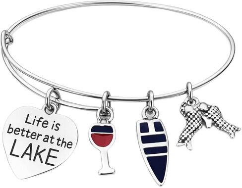Infinity Collection Life Is Better at the Lake Charm Bracelet – Adjustable Lake Life Bangle Bracelet with Boat, Wine Glass & Paddle Charms – Lake Lover Jewelry Gift in Saudi Arabia