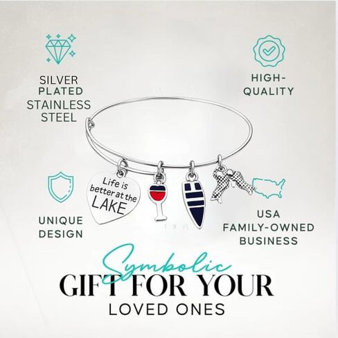 Infinity Collection Life Is Better at the Lake Charm Bracelet – Adjustable Lake Life Bangle Bracelet with Boat, Wine Glass & Paddle Charms – Lake Lover Jewelry Gift in Saudi Arabia