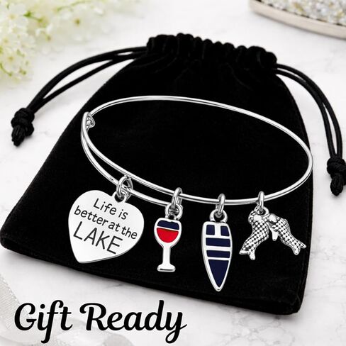 Infinity Collection Life Is Better at the Lake Charm Bracelet – Adjustable Lake Life Bangle Bracelet with Boat, Wine Glass & Paddle Charms – Lake Lover Jewelry Gift in Saudi Arabia