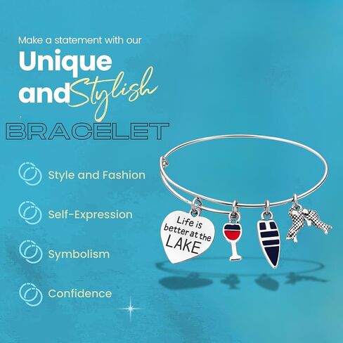 Infinity Collection Life Is Better at the Lake Charm Bracelet – Adjustable Lake Life Bangle Bracelet with Boat, Wine Glass & Paddle Charms – Lake Lover Jewelry Gift in Saudi Arabia