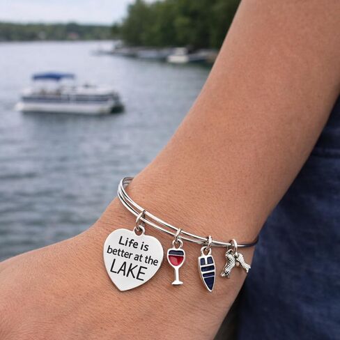 Infinity Collection Life Is Better at the Lake Charm Bracelet – Adjustable Lake Life Bangle Bracelet with Boat, Wine Glass & Paddle Charms – Lake Lover Jewelry Gift in Saudi Arabia