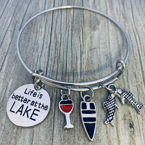 Infinity Collection Life Is Better at the Lake Charm Bracelet – Adjustable Lake Life Bangle Bracelet with Boat, Wine Glass & Paddle Charms – Lake Lover Jewelry Gift in Saudi Arabia