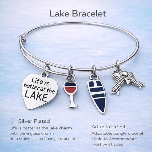 Infinity Collection Life Is Better at the Lake Charm Bracelet – Adjustable Lake Life Bangle Bracelet with Boat, Wine Glass & Paddle Charms – Lake Lover Jewelry Gift in Saudi Arabia