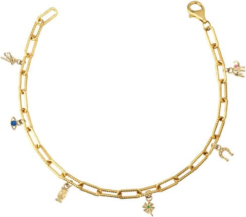 Fine 10k Yellow Gold Lucky Charm Symbols Paperclip Chain Link Bracelet (Size 7.5) in Saudi Arabia
