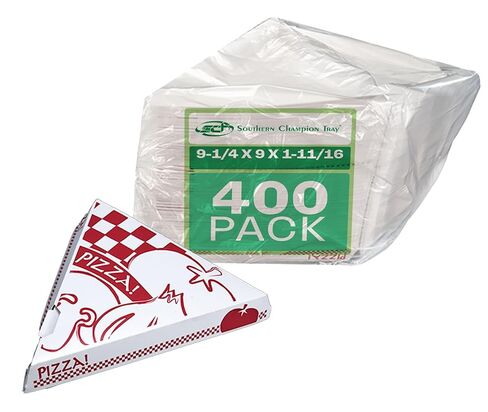 Southern Champion Tray 07196 Paperboard White Pizza Slice Clamshell Food Container with "Gourmet Pizza" Print, 9-1/4" Length x 9" Width x 1-11/16" Height (Case of 400) in Kuwait