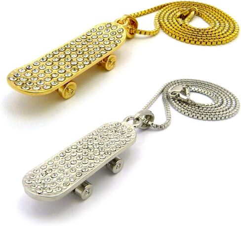 Gold Silver Plated Iced CZ Skateboard Pendant & 2mm 18" 20" 24" Box Chain Hip Hop Jewelry Necklace in Kuwait