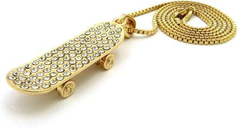 Gold Silver Plated Iced CZ Skateboard Pendant & 2mm 18" 20" 24" Box Chain Hip Hop Jewelry Necklace in Kuwait