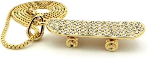Gold Silver Plated Iced CZ Skateboard Pendant & 2mm 18" 20" 24" Box Chain Hip Hop Jewelry Necklace in Kuwait