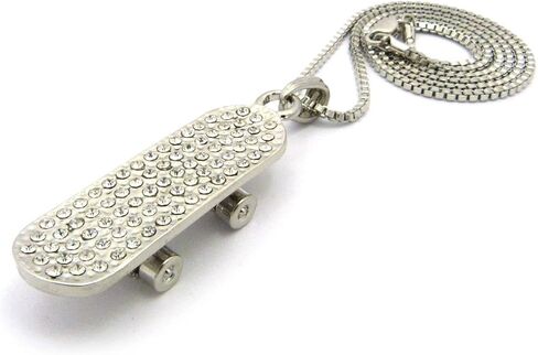 Gold Silver Plated Iced CZ Skateboard Pendant & 2mm 18" 20" 24" Box Chain Hip Hop Jewelry Necklace in Kuwait