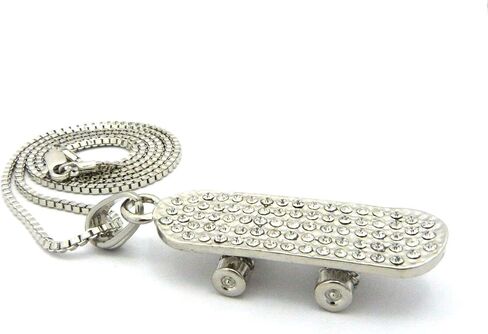 Gold Silver Plated Iced CZ Skateboard Pendant & 2mm 18" 20" 24" Box Chain Hip Hop Jewelry Necklace in Kuwait