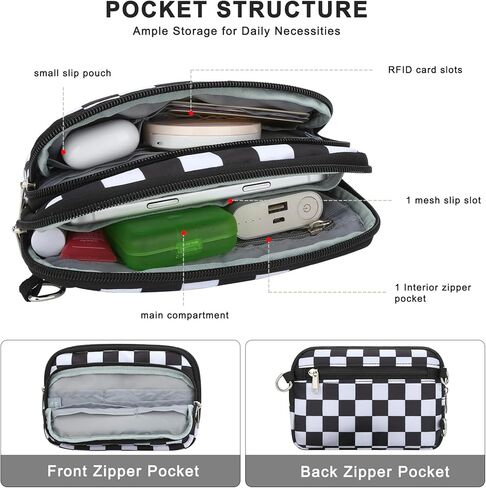 DOB SECHS Small Checkered Wristlet Wallets Crossbody Phone Bag for Women Cross Body Clutch Wallet, RFID Credit Card Holder Front Pocket Checkerboard Nylon Hand Bag Purse for Travel | checkered bag, 2 straps in Kuwait