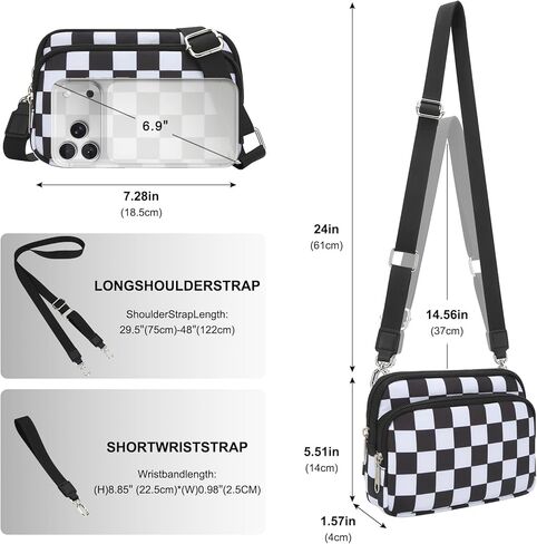 DOB SECHS Small Checkered Wristlet Wallets Crossbody Phone Bag for Women Cross Body Clutch Wallet, RFID Credit Card Holder Front Pocket Checkerboard Nylon Hand Bag Purse for Travel | checkered bag, 2 straps in Kuwait