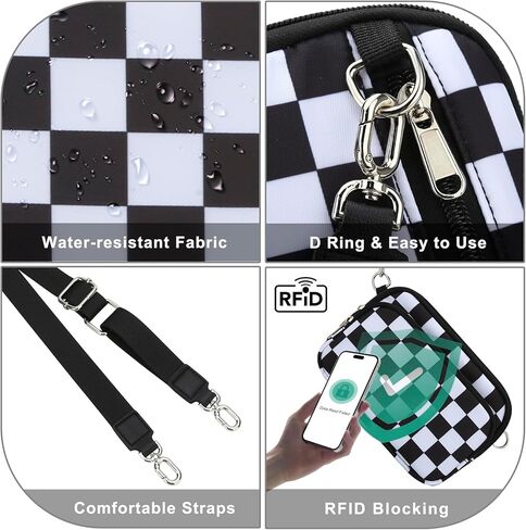 DOB SECHS Small Checkered Wristlet Wallets Crossbody Phone Bag for Women Cross Body Clutch Wallet, RFID Credit Card Holder Front Pocket Checkerboard Nylon Hand Bag Purse for Travel | checkered bag, 2 straps in Kuwait