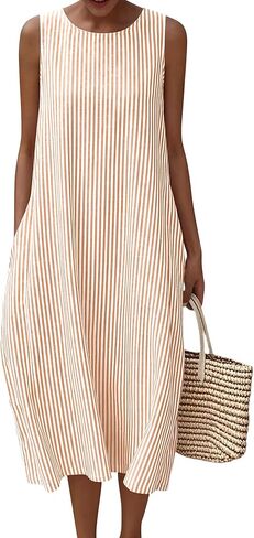 LOMON Summer Dresses for Women Cotton Casual Maxi Dress Beach Vacation Long Sundresses Plaid Striped with Pockets in Saudi Arabia
