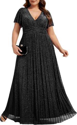 Ever-Pretty Women's Plus Size Glitter A-Line Formal Dresses V-Neck Short Sleeve Evening Gown Long Mother of Bride Dress in Saudi Arabia