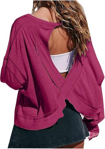 Open Back Workout Tops for Women Long Sleeve Gym Athletic Yoga Shirts Y2k Casual Crewneck Loose Sports Outfits in Saudi Arabia