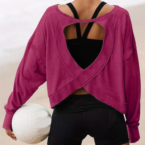 Open Back Workout Tops for Women Long Sleeve Gym Athletic Yoga Shirts Y2k Casual Crewneck Loose Sports Outfits in Saudi Arabia