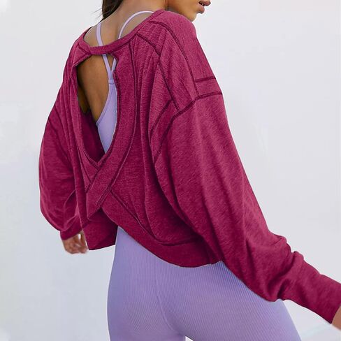 Open Back Workout Tops for Women Long Sleeve Gym Athletic Yoga Shirts Y2k Casual Crewneck Loose Sports Outfits in Saudi Arabia