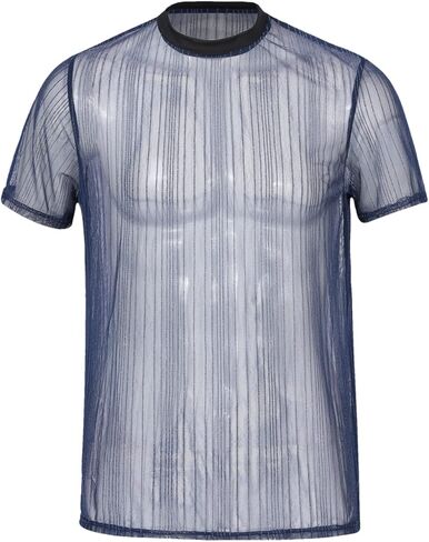 Sexy Men's Sheer Glitter Stripe Short Sleeve Shirt See Through Mesh Crew Neck T-Shirt Rave Prom Clubwear in Saudi Arabia