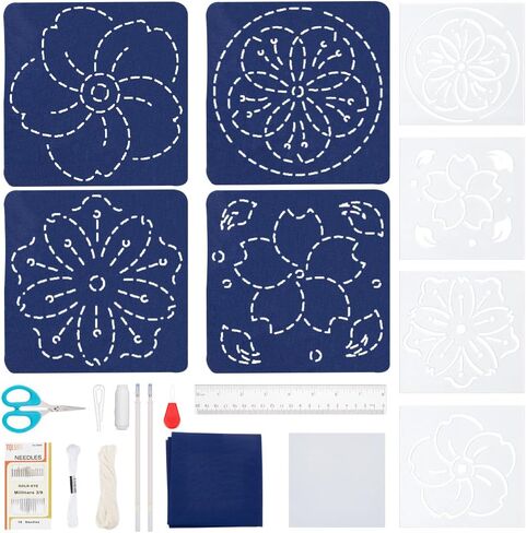 INFUNLY 3 Set Sashiko Drawstring Bag Kit Sashiko DIY Tote Bag Kit Flower Sashiko Fabric Sashiko Kit for Beginners Make Your Own Tote Bag Sashiko Thread and Needles Hand Sewing Kit for Adults in Saudi Arabia