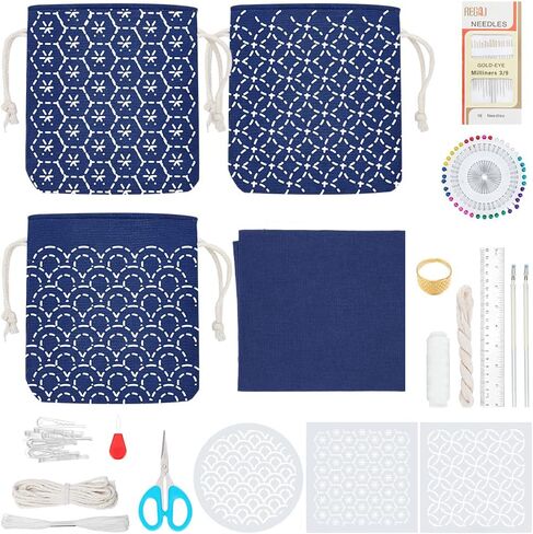 INFUNLY 3 Set Sashiko Drawstring Bag Kit Sashiko DIY Tote Bag Kit Flower Sashiko Fabric Sashiko Kit for Beginners Make Your Own Tote Bag Sashiko Thread and Needles Hand Sewing Kit for Adults in Saudi Arabia