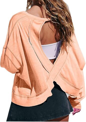 Open Back Workout Tops for Women Long Sleeve Gym Athletic Yoga Shirts Y2k Casual Crewneck Loose Sports Outfits in Saudi Arabia