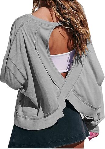 Open Back Workout Tops for Women Long Sleeve Gym Athletic Yoga Shirts Y2k Casual Crewneck Loose Sports Outfits in Saudi Arabia
