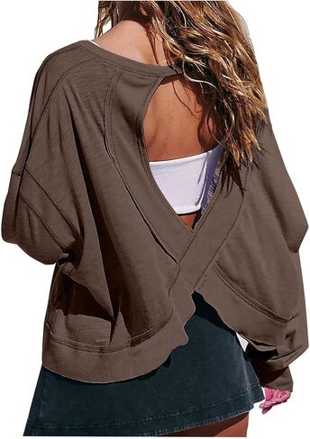 Open Back Workout Tops for Women Long Sleeve Gym Athletic Yoga Shirts Y2k Casual Crewneck Loose Sports Outfits in Saudi Arabia