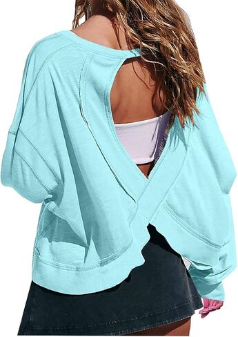 Open Back Workout Tops for Women Long Sleeve Gym Athletic Yoga Shirts Y2k Casual Crewneck Loose Sports Outfits in Saudi Arabia