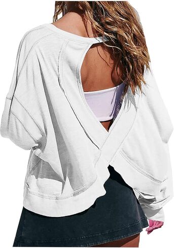Open Back Workout Tops for Women Long Sleeve Gym Athletic Yoga Shirts Y2k Casual Crewneck Loose Sports Outfits in Saudi Arabia