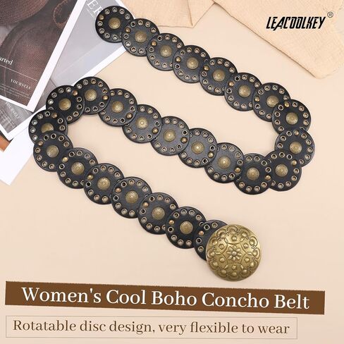 LEACOOLKEY Women's Boho Disc Belt Wide Western Leather Belt Vintage Elastic Waist Belts in Saudi Arabia