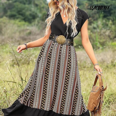 LEACOOLKEY Women's Boho Disc Belt Wide Western Leather Belt Vintage Elastic Waist Belts in Saudi Arabia