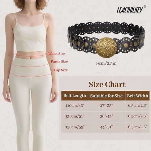 LEACOOLKEY Women's Boho Disc Belt Wide Western Leather Belt Vintage Elastic Waist Belts in Saudi Arabia