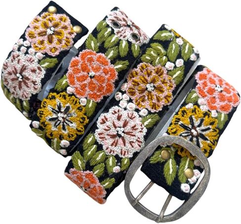 Peruvian Embroidered Belt for Women, Wool, Handmade, Fair Trade - Vintage Blossom Black Base in Saudi Arabia