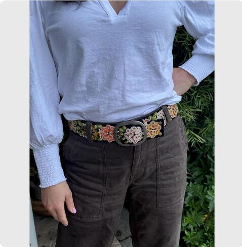 Peruvian Embroidered Belt for Women, Wool, Handmade, Fair Trade - Vintage Blossom Black Base in Saudi Arabia