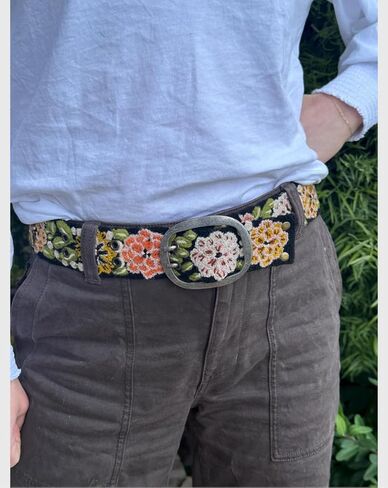 Peruvian Embroidered Belt for Women, Wool, Handmade, Fair Trade - Vintage Blossom Black Base in Saudi Arabia