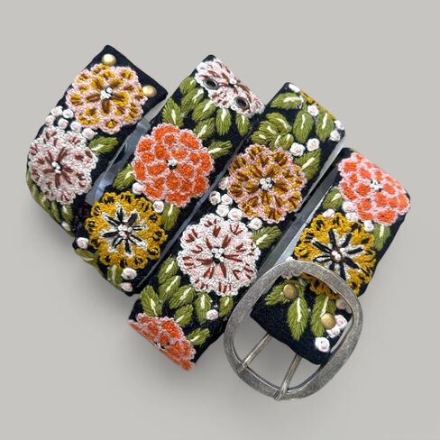 Peruvian Embroidered Belt for Women, Wool, Handmade, Fair Trade - Vintage Blossom Black Base in Saudi Arabia